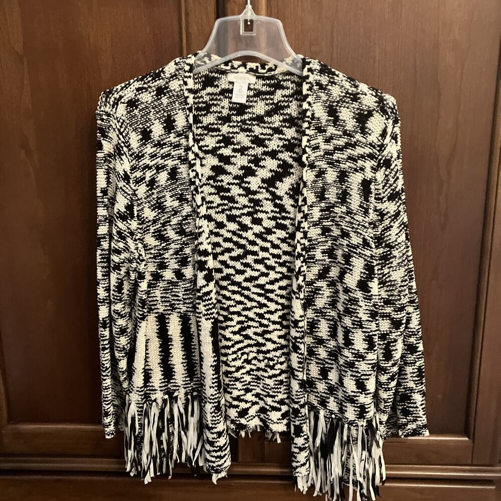 Chicos Black‎ White Geometric Fringe Open Front Cardigan Sweater Size 2 Large